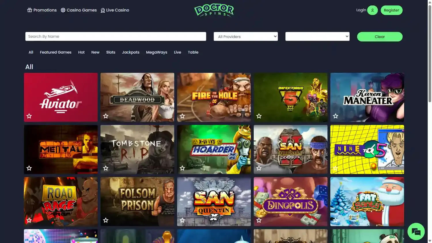 Actuele Doctor Spins spellobby met echte categorieën en providers zichtbaar in de interface
