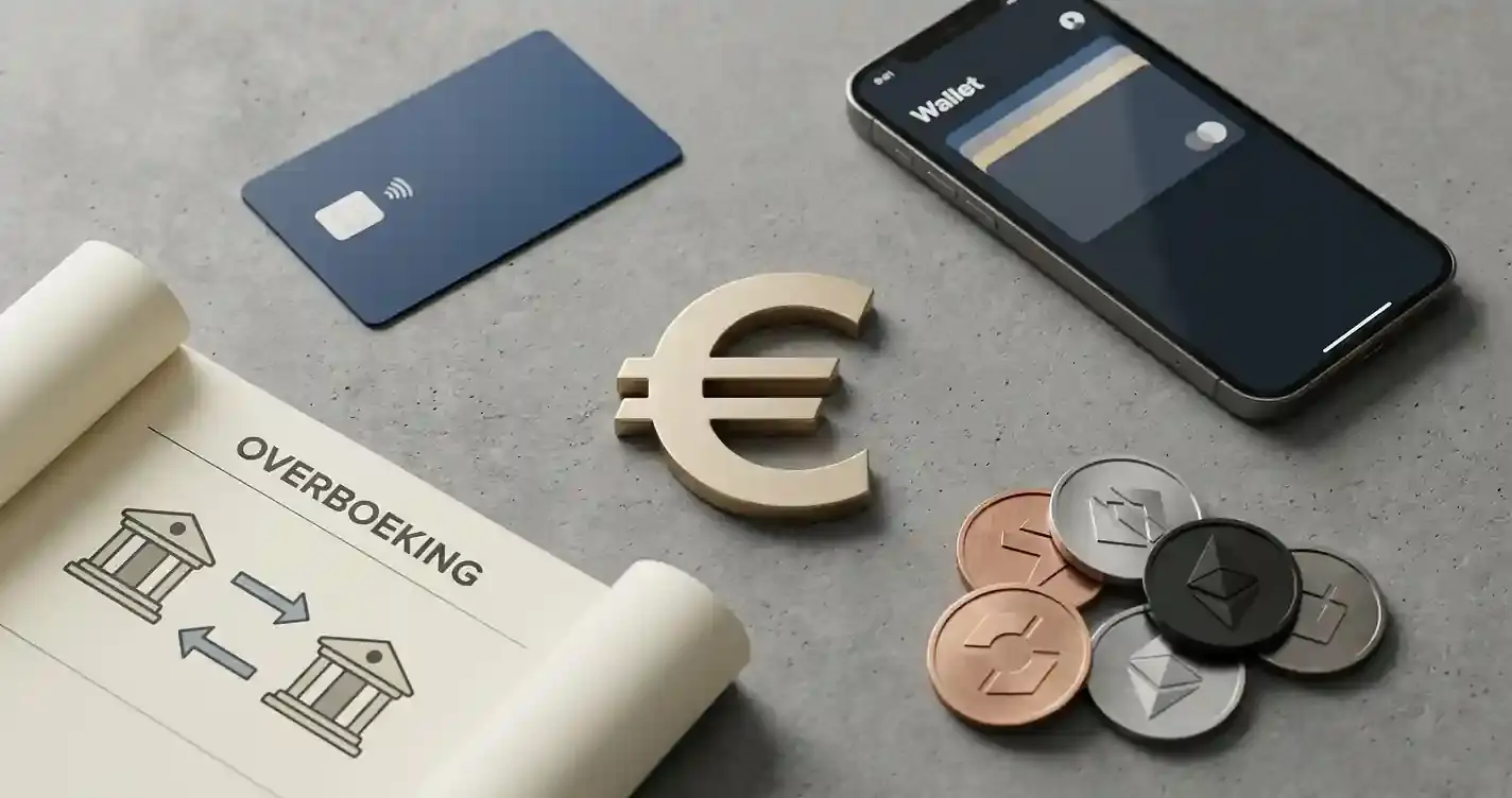 Illustratie van eurobetalingen met generieke kaart, bank, e-digitale portemonnee en cryptovaluta symboliek zonder merklogo's