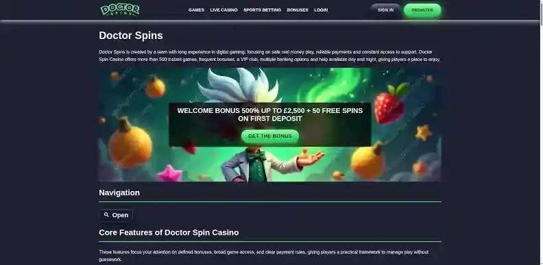 Weergave van de actuele Doctor Spins welkomstbonus of bonusvoorwaarden op de officiële website