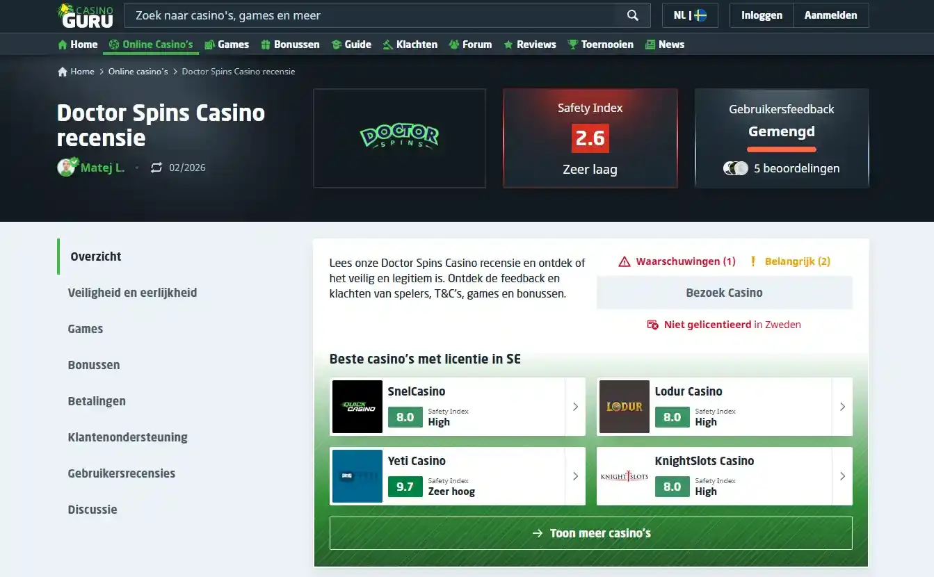 Weergave van de actuele Doctor Spins review op Casino Guru met Safety Index en klachtenoverzicht