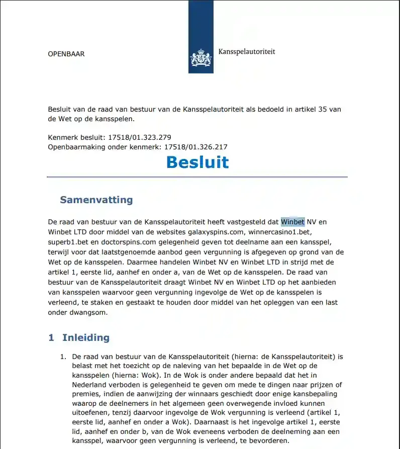 Weergave van de KSA-pagina over Winbet met de status van het handhavingsbesluit