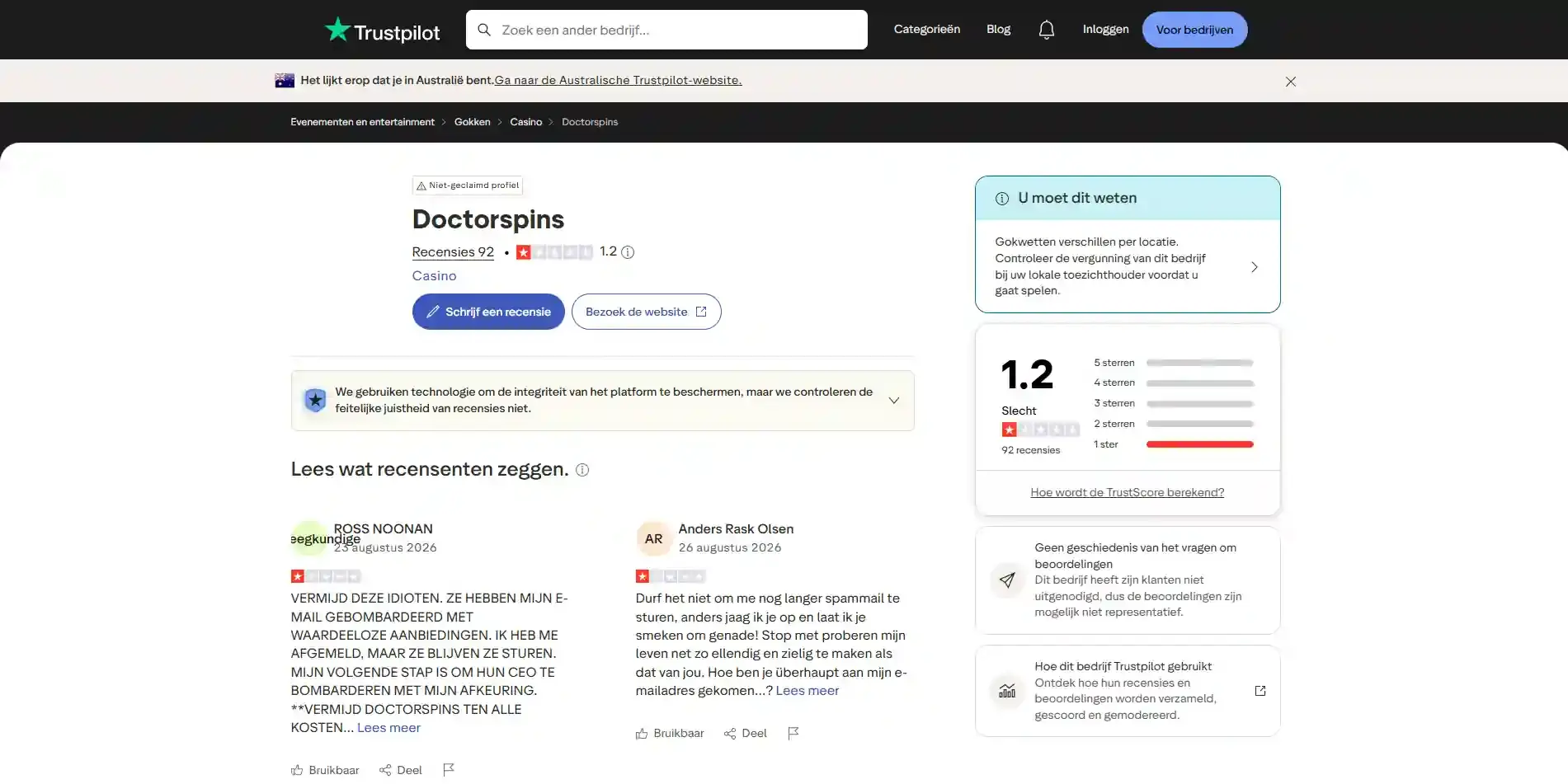 Weergave van het actuele Trustpilot-profiel van DoctorSpins met score en reviewaantal
